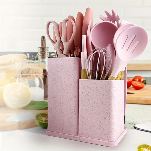 19-Piece Silicone Kitchen Utensils & Knife Set with Holder