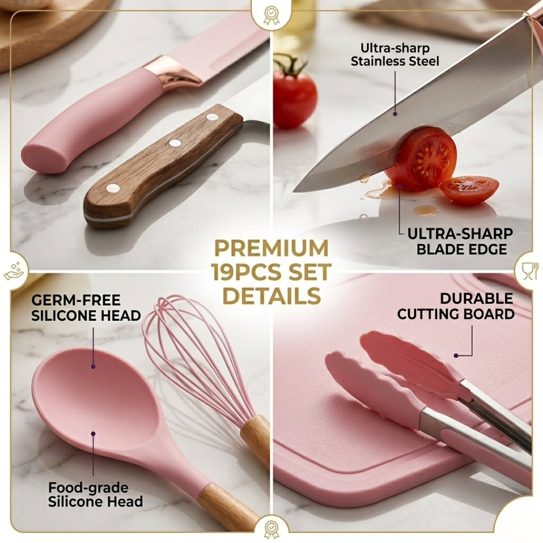 19-Piece Silicone Kitchen Utensils & Knife Set with Holder