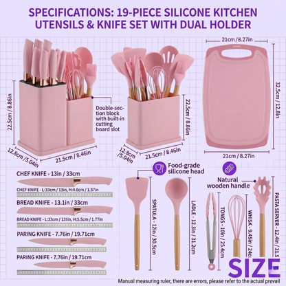 19-Piece Silicone Kitchen Utensils & Knife Set with Holder