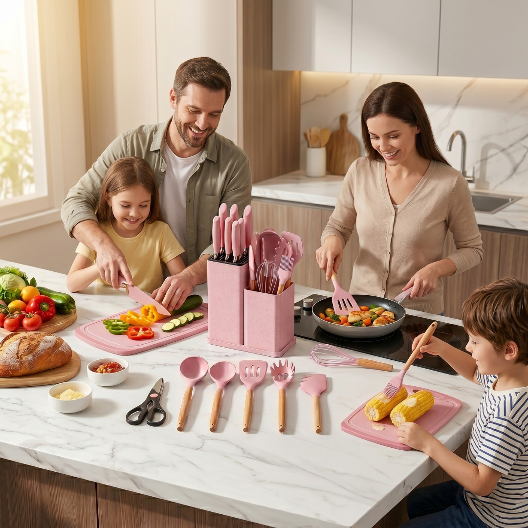 19-Piece Silicone Kitchen Utensils & Knife Set with Holder