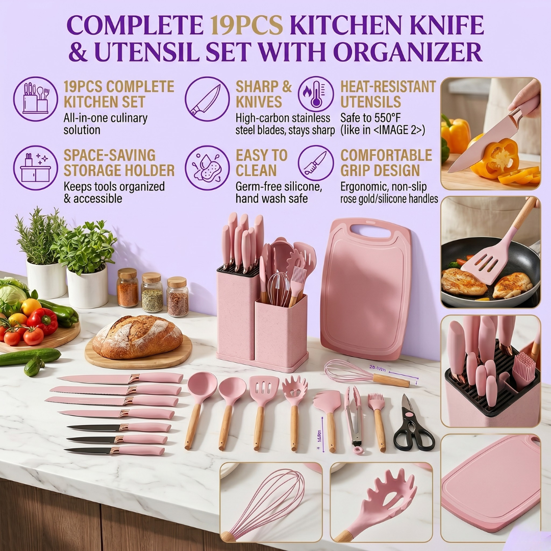 19-Piece Silicone Kitchen Utensils & Knife Set with Holder