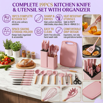 19-Piece Silicone Kitchen Utensils & Knife Set with Holder