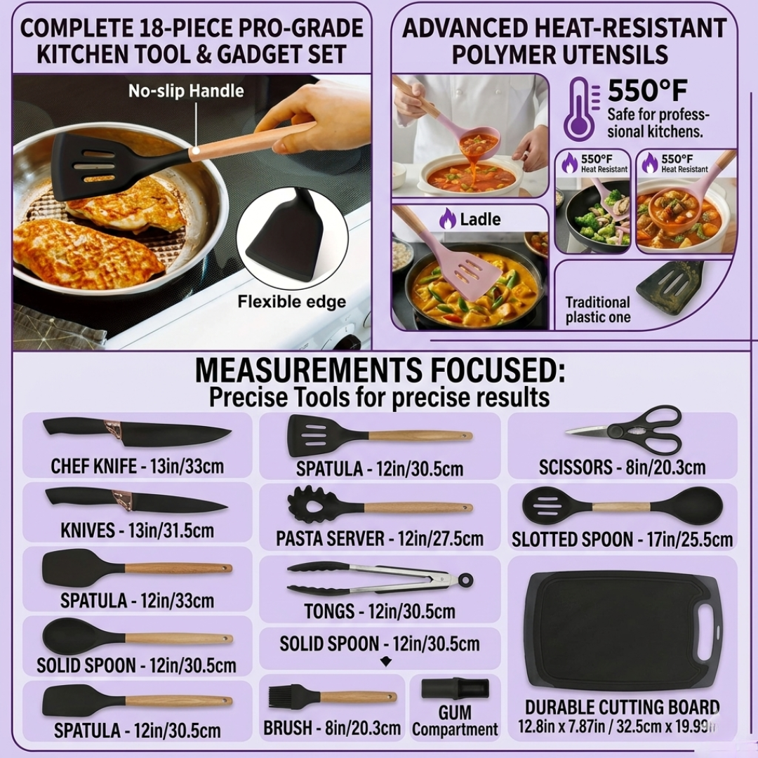 19-Piece Silicone Kitchen Utensils & Knife Set with Holder