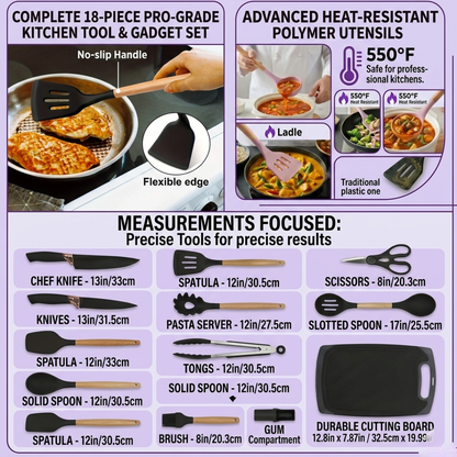 19-Piece Silicone Kitchen Utensils & Knife Set with Holder