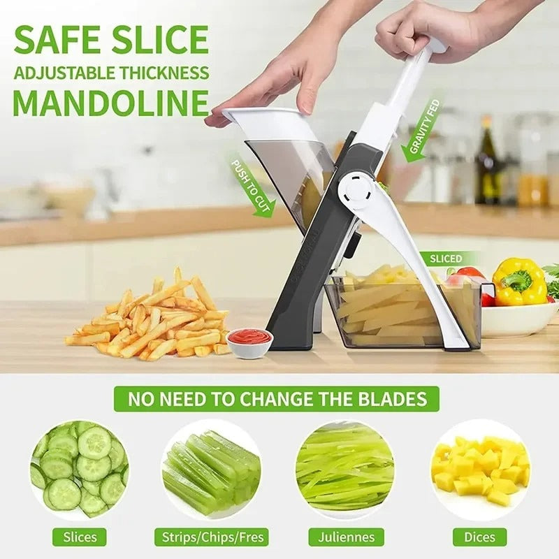 Adjustable thickness mandoline slicer with sliced vegetables on a kitchen counter