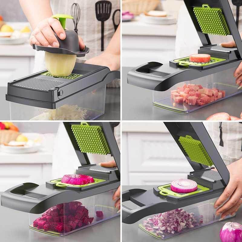 Multifunctional kitchen tool being used to slice vegetables on a kitchen counter.