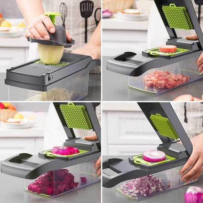 Multifunctional kitchen tool being used to slice vegetables on a kitchen counter.